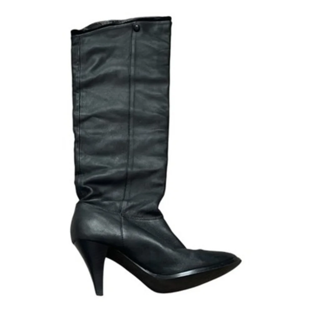 Women’s Black Leather Over Knee Pull On Boots Stiletto Heel Boots US 7